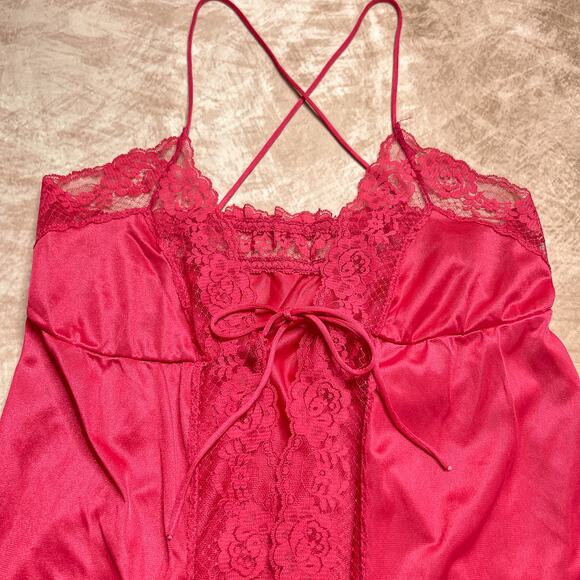 Floral Lace Babydoll Open Front Lingerie Cami Top Sheer Tie Closure Pink Red - Picture 3 of 5